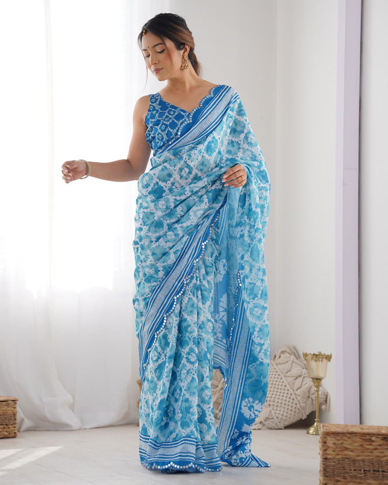 Sky Blue Color Chinnon Silk Saree