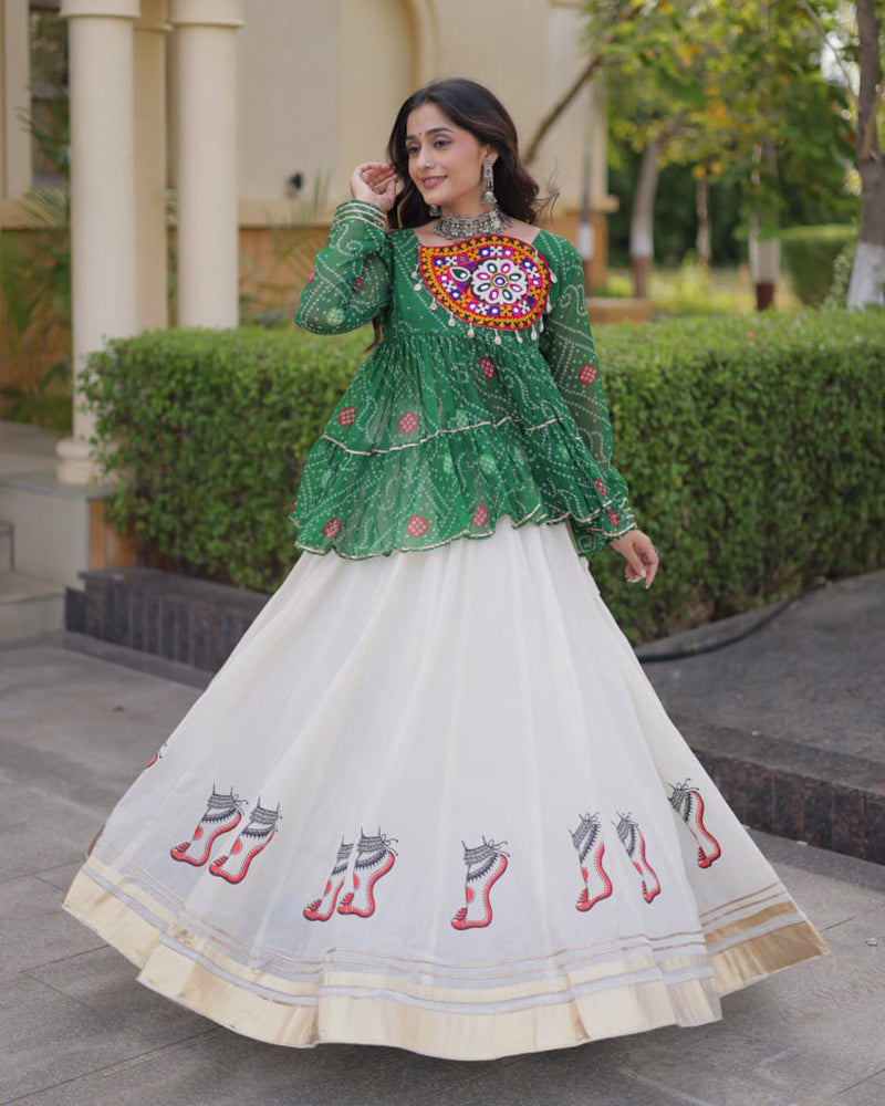 Green Color Bandhani Printed With Kora Cotton Lehenga