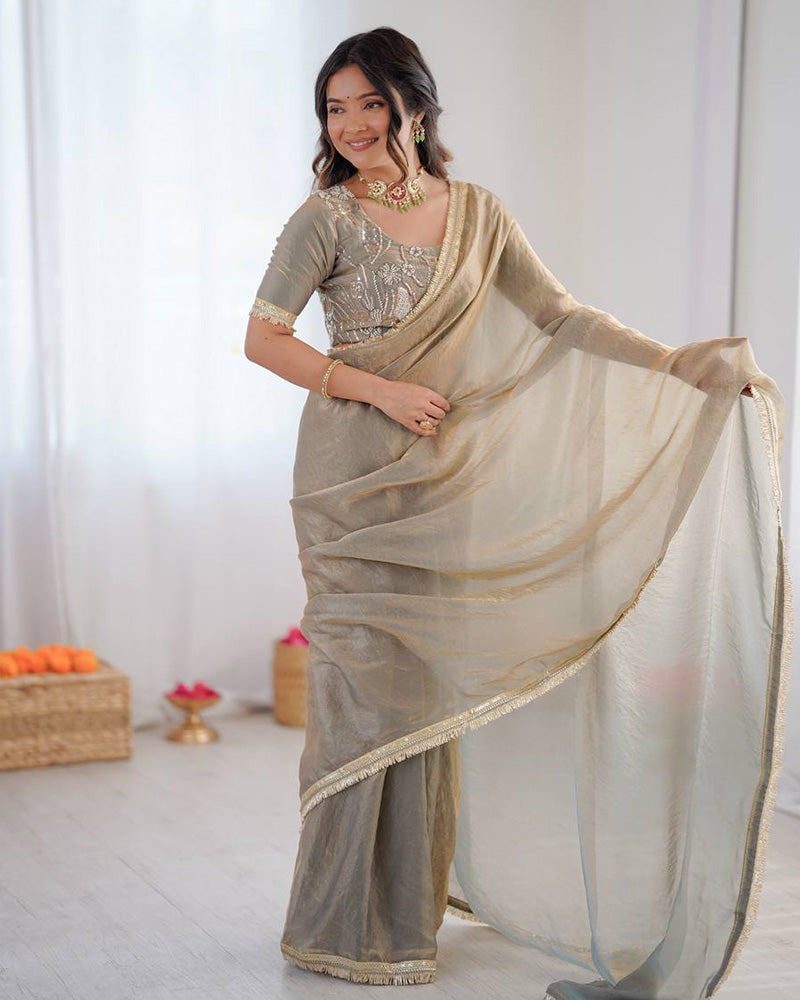 Dusty Grey Color Fendi Silk Pre Draped Saree