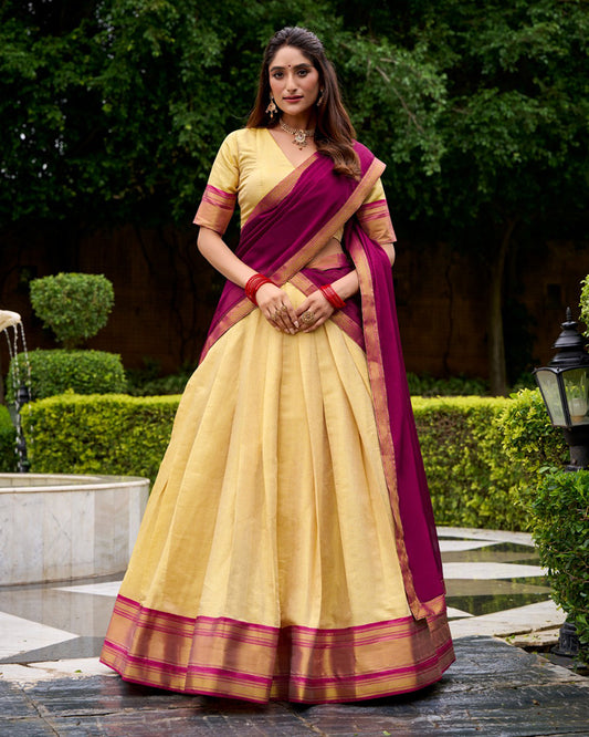 Traditional Pink Color Kanchipuram Zari Weaving Half Saree