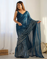 Rama Color Heavy Georgette Embroidered Saree