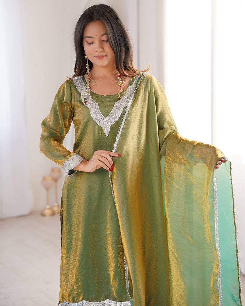 Mehndi Color Fendi Silk Three Piece Plazzo Suit