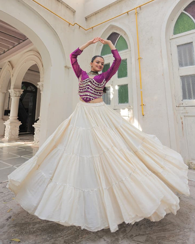 Purple Color Laheriya Print Kurti With Kora Cotton Lehenga
