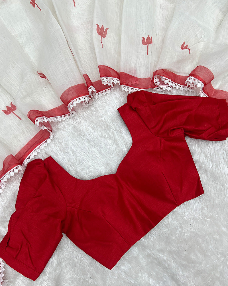 White Color Linen Printed Saree