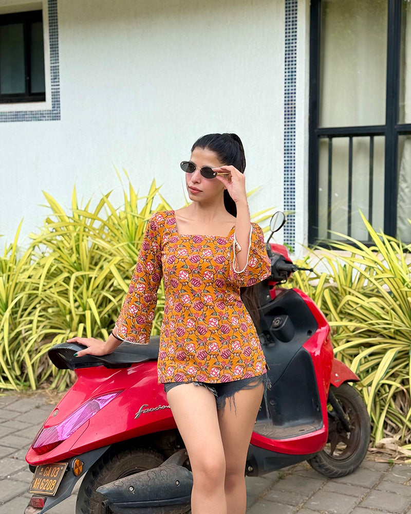 Mustard Color Pure Cotton Lotus Printed Tunic