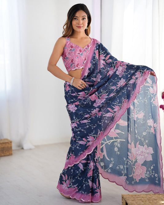 Navy Blue Color Chinnon Silk Digital Printed Saree