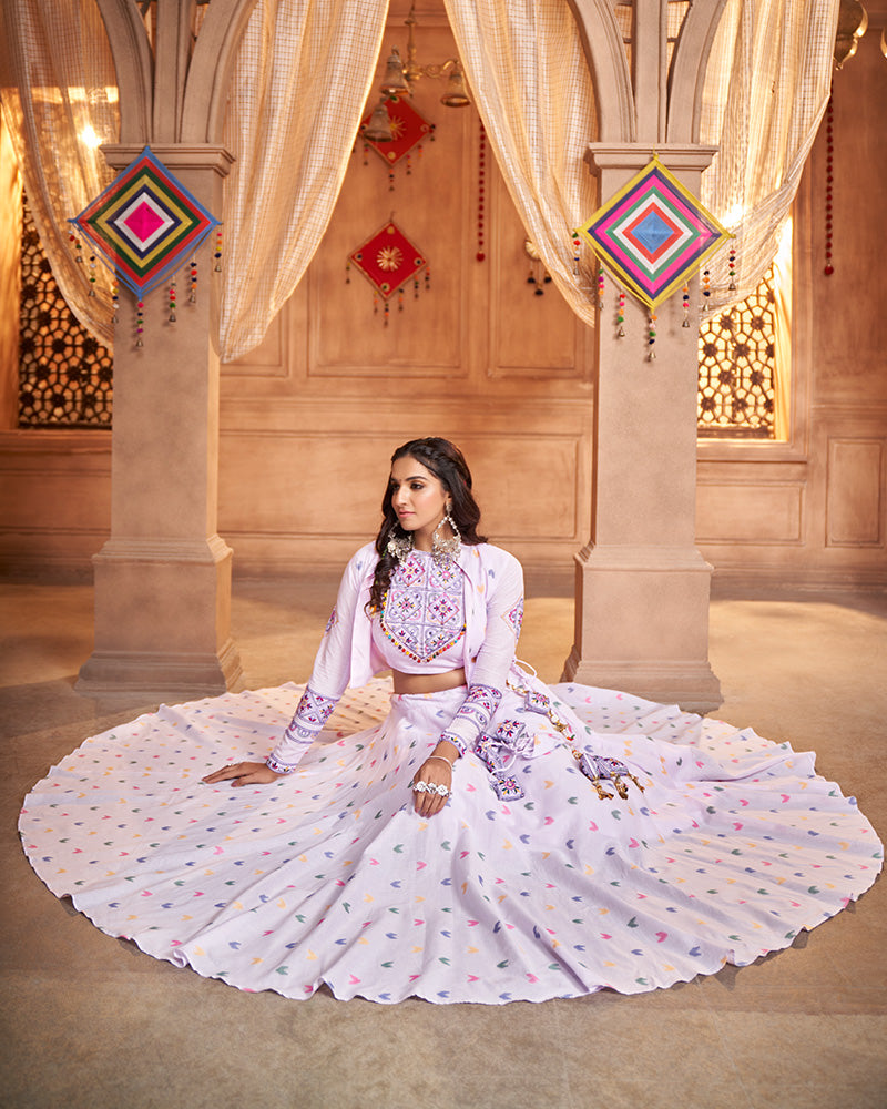 Lavender Color Cotton Jacquard Weaving Fully Stitched Navratri Lehenga Choli