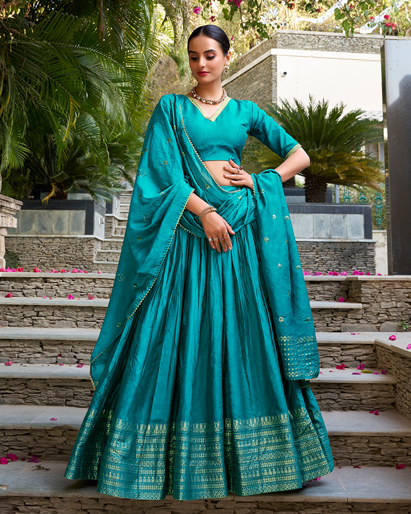 Sky Blue Color Pure Chanderi Plain Navratri Half Saree