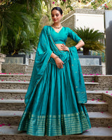 Sky Blue Color Pure Chanderi Plain Navratri Half Saree