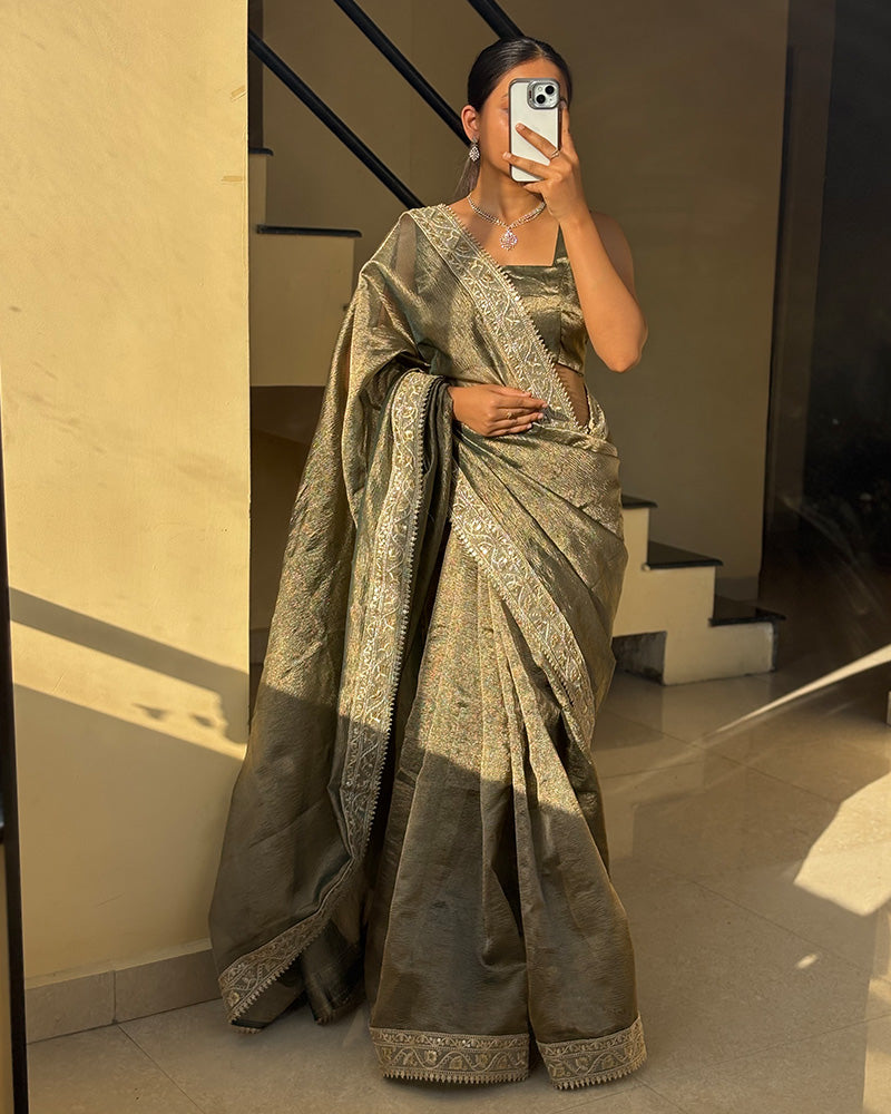 Premium Mehndi Color Tissue Crush Saree