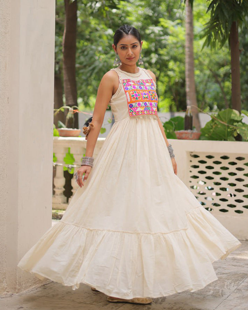 Elegant Off-White Ethnic Gown With Multicolor Kutchi Embroidery
