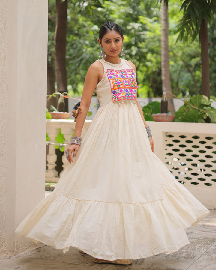 Elegant Off-White Ethnic Gown With Multicolor Kutchi Embroidery