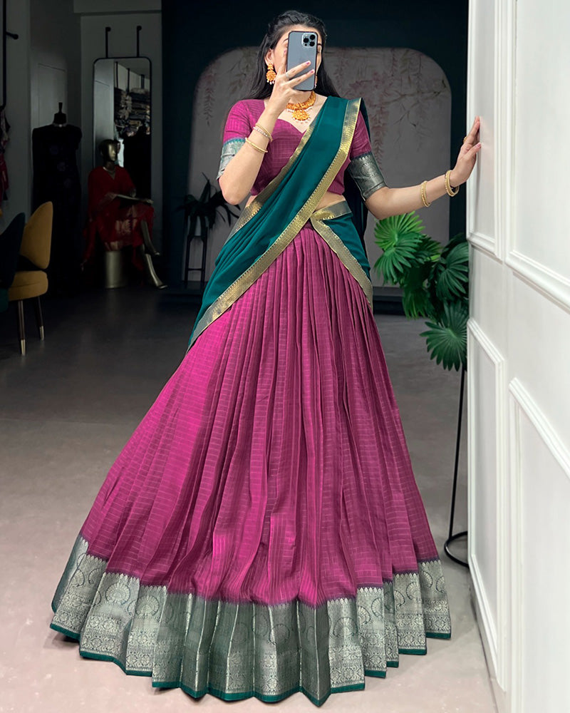 Pink Color Dola Chex Zari Weaving Half Saree