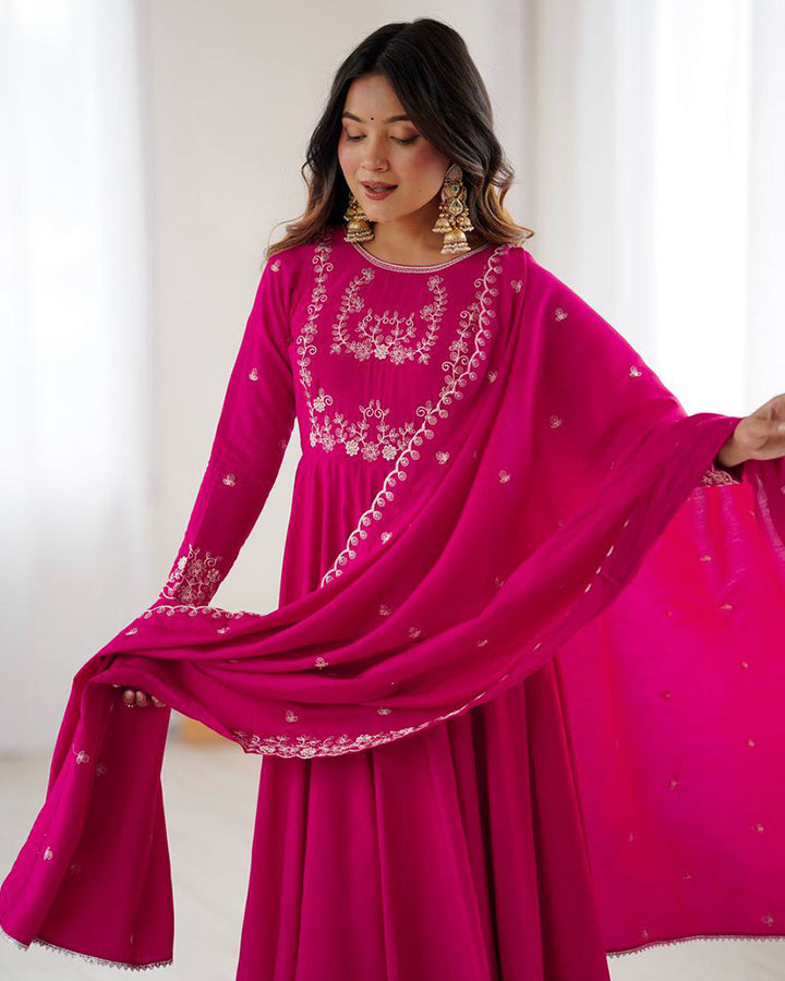Rani Pink Color Chanderi Silk Three Piece Anarkali Suit