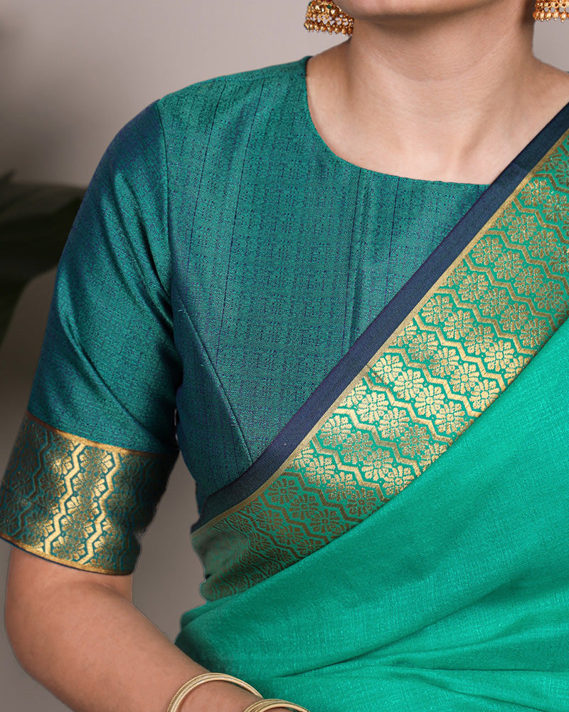 Bottle Green Color Zari Weaving Poly Cotton Saree