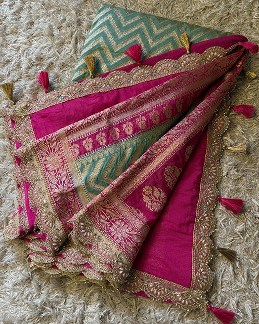 Teal Blue Color Banarasi Khadi Katan Georgette Silk Saree