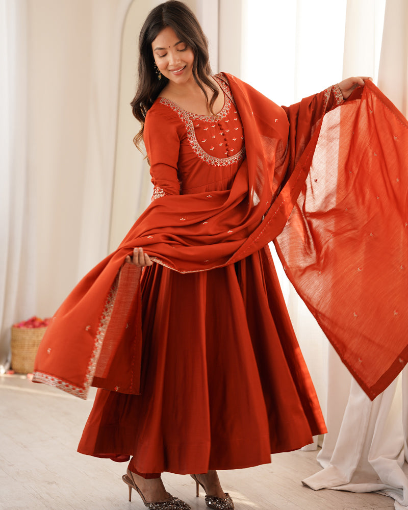 Rust Orange Color Roman Silk CHanderi Three Piece Anarkali Suit