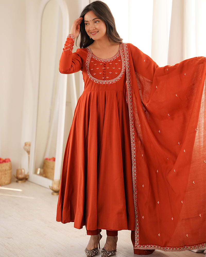 Rust Orange Color Roman Silk CHanderi Three Piece Anarkali Suit