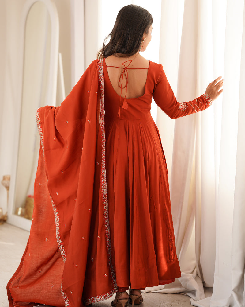 Rust Orange Color Roman Silk CHanderi Three Piece Anarkali Suit