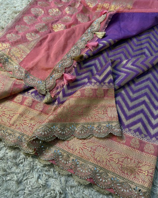 Purple Blue Color Banarasi Khadi Katan Georgette Silk Saree