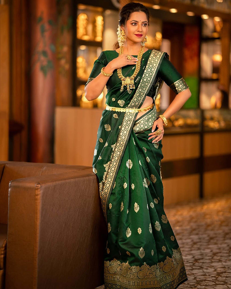 Ridhima Tiwari In Dark Green Color Banarasi Jacquard Soft Silk Saree