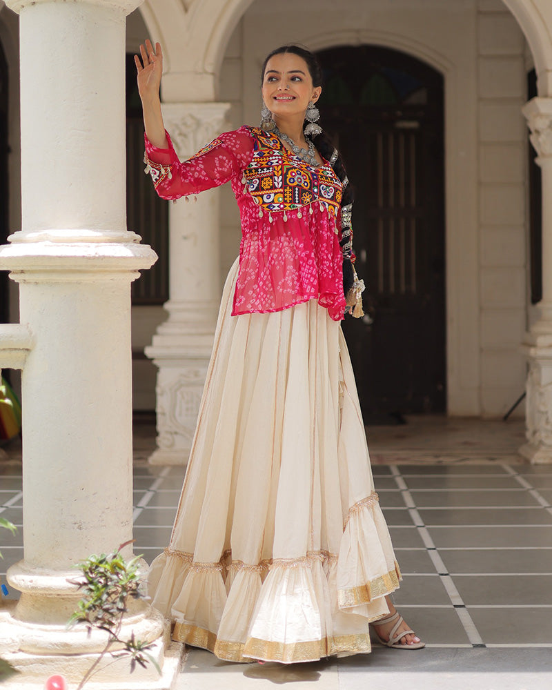 Vibrant Gamthi Work Rani Pink Kediya With Off-White Traditional Lehenga