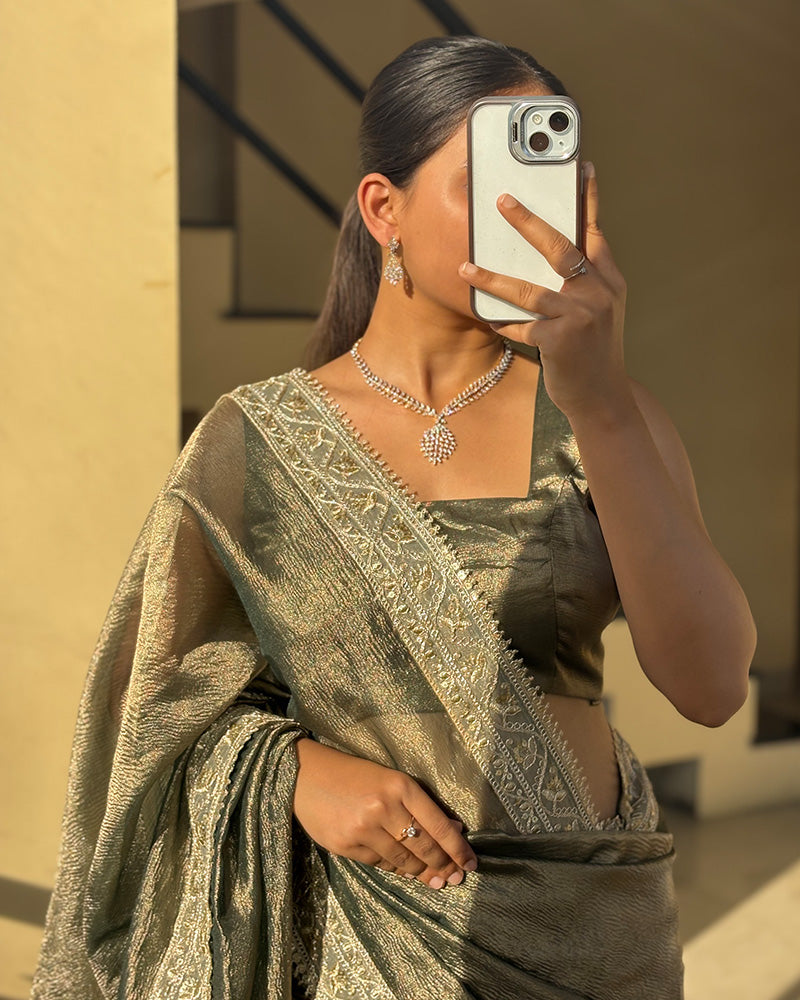 Premium Mehndi Color Tissue Crush Saree