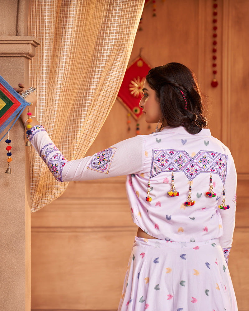 Lavender Color Cotton Jacquard Weaving Fully Stitched Navratri Lehenga Choli