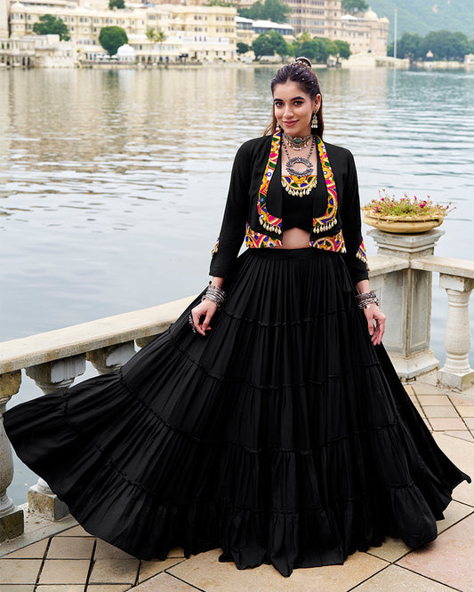 Elegant Black Color Pure Rayon Navratri Lehenga Choli