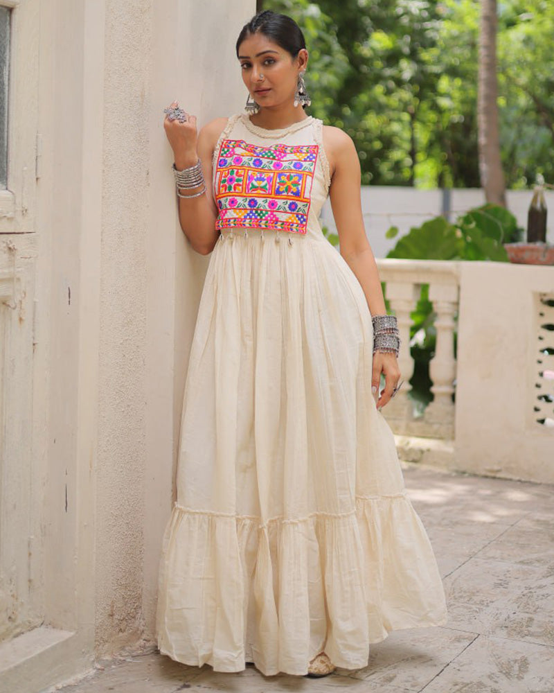 Elegant Off-White Ethnic Gown With Multicolor Kutchi Embroidery