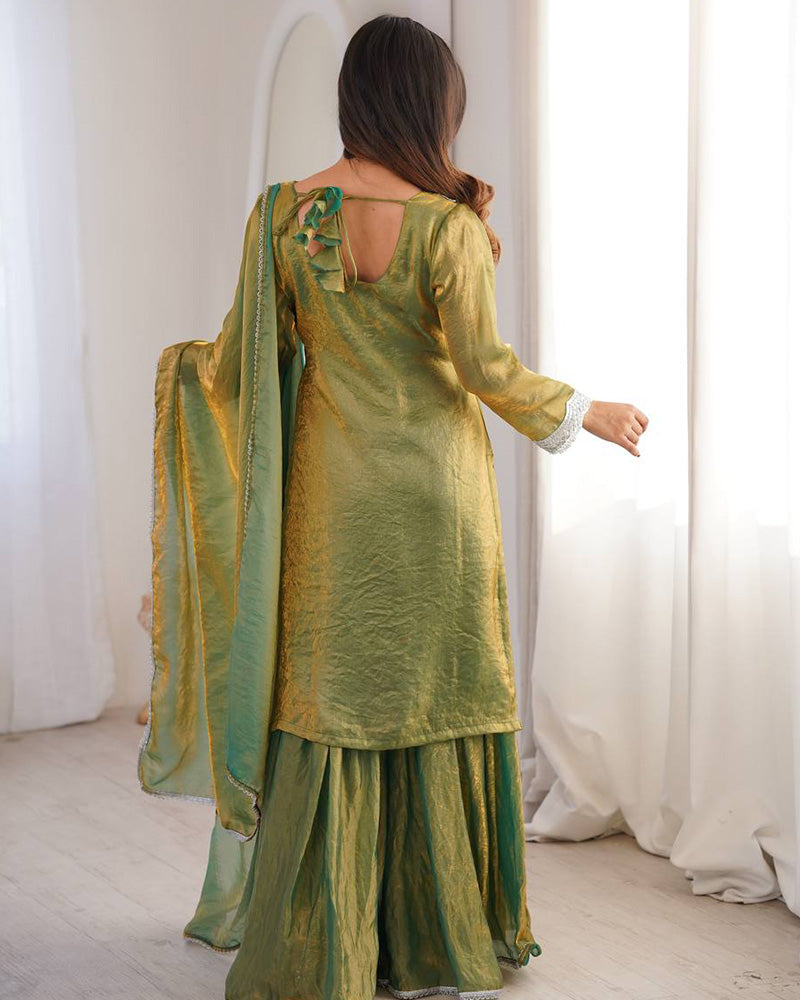 Mehndi Color Fendi Silk Three Piece Plazzo Suit