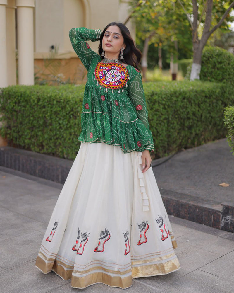 Green Color Bandhani Printed With Kora Cotton Lehenga