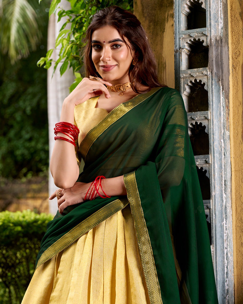 Traditional Green Color Kanchipuram Zari Weaving Half Saree
