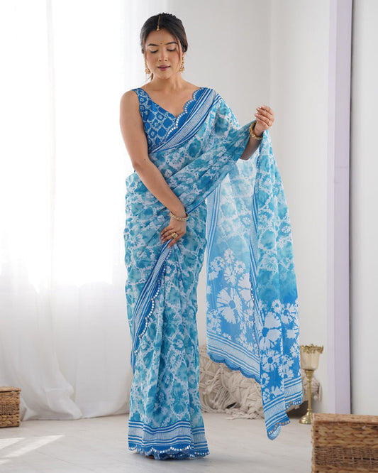 Sky Blue Color Chinnon Silk Saree