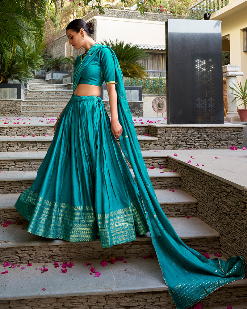 Sky Blue Color Pure Chanderi Plain Navratri Half Saree