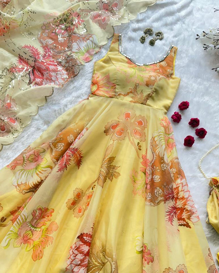 Yellow Color Digital Printed Soft Organza Anarkali Suit