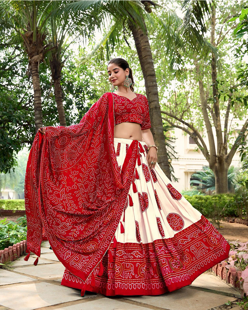 Red Color Tussar Silk Bandhej Printed Lehenga Choli