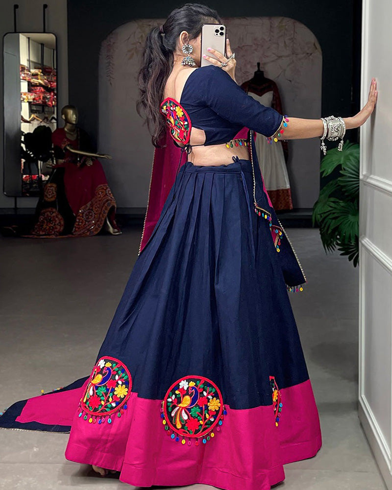 Navy Blue Color Pure Cotton Gamthi Work Navratri Lehenga Choli