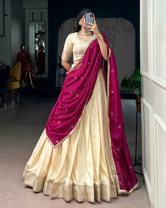 Off-White Color Poly Kotha Tasar Silk Half Saree