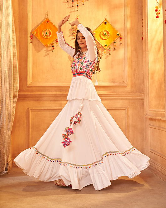 White Color Viscose Rayon Thread And Mirror Work Fully Stitched Navratri Lehenga Choli