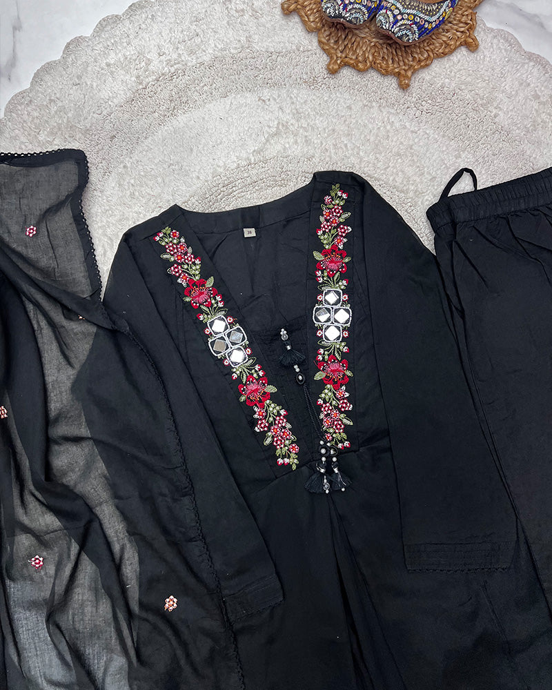 Black Color Mal Cotton Three Piece Kurti Suit