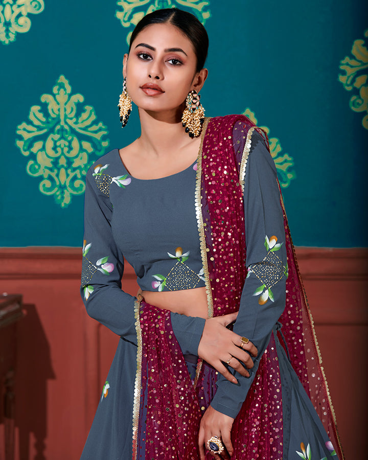 Blue Magenta Color Georgette Semi Stitched Lehenga Choli