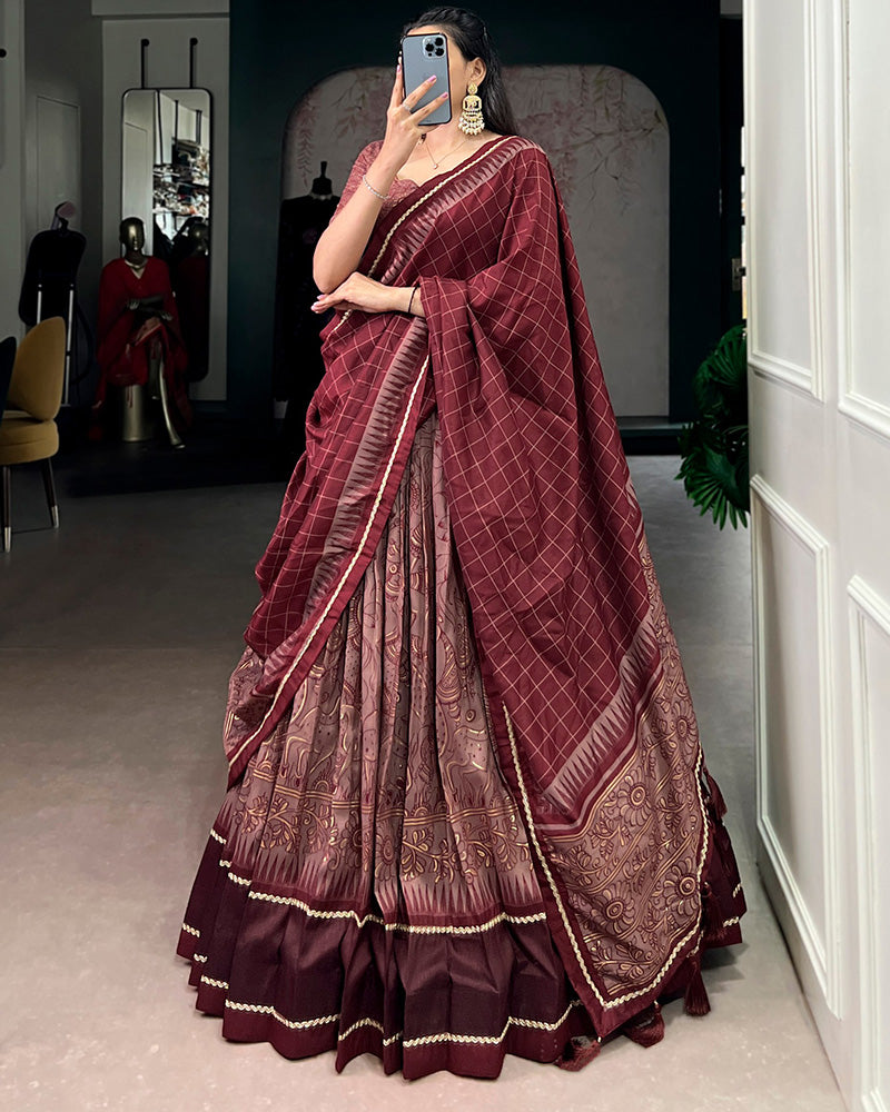Maroon Color Tasar Silk Kalamkari Printed Lehenga Choli