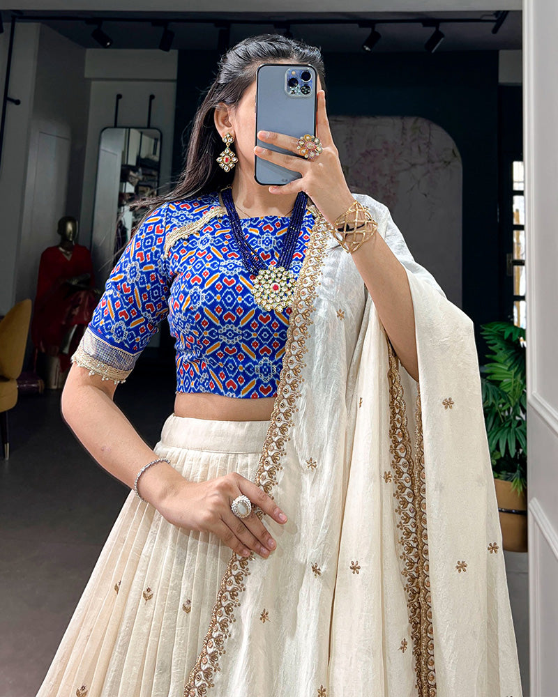 Off-White Color Vichitra Silk Sequence Embroidered Lehenga Choli