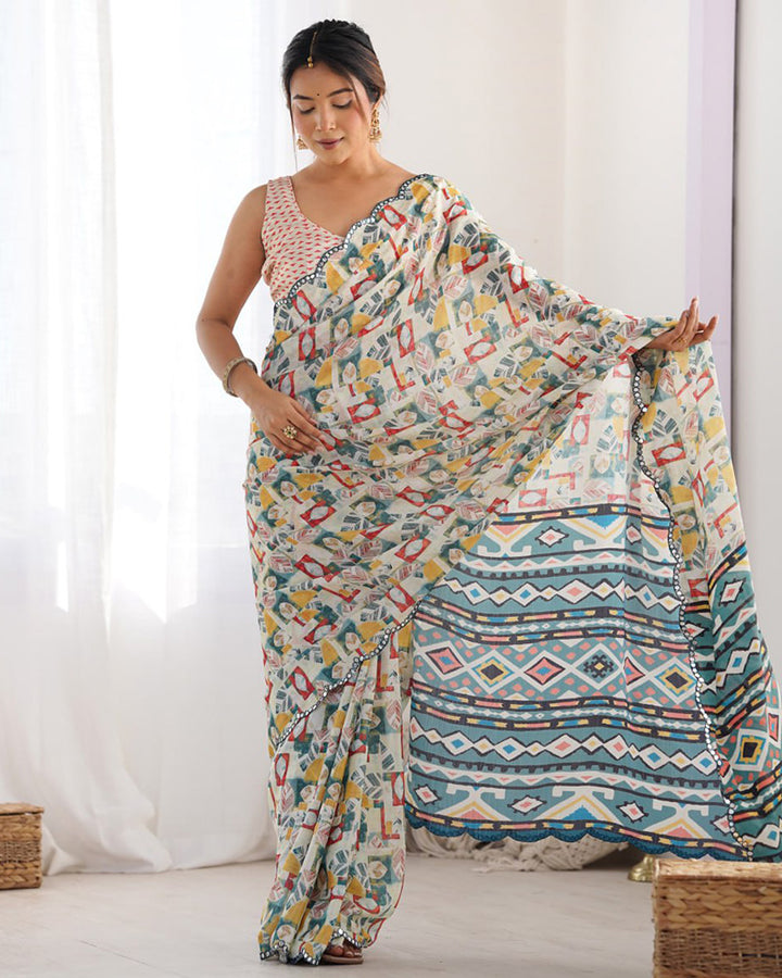 Off-White Color Chinnon Silk Saree