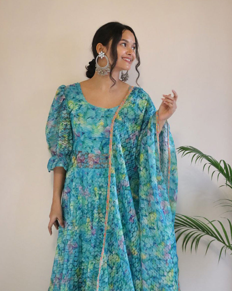 Sky Blue Color Printed French Net Anarkali Suit