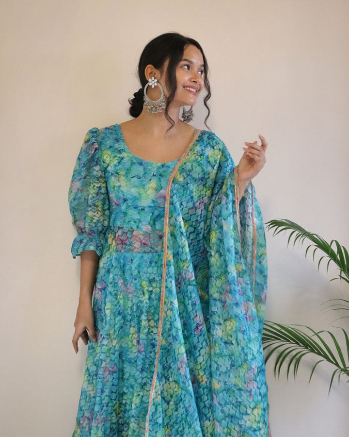 Sky Blue Color Printed French Net Anarkali Suit