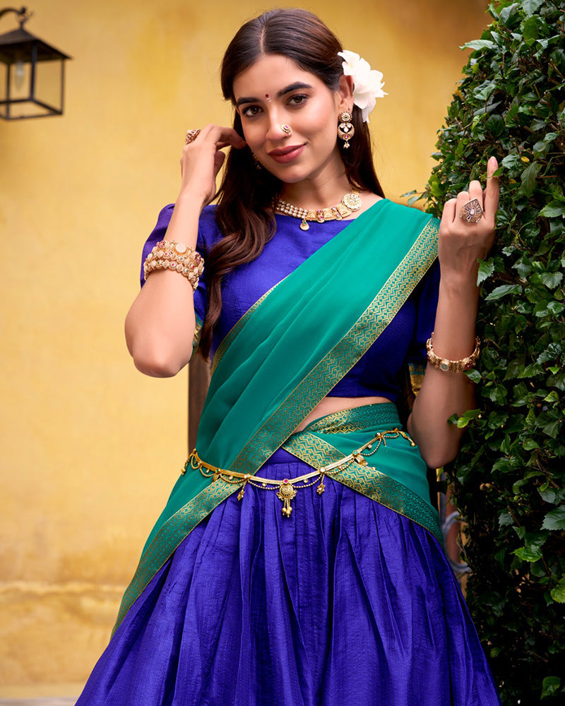 Designer Royal Blue Color Poly Cotton Half Saree