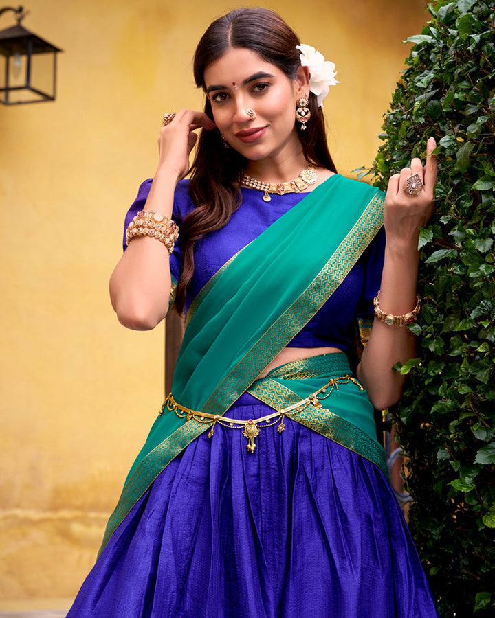 Designer Royal Blue Color Poly Cotton Half Saree