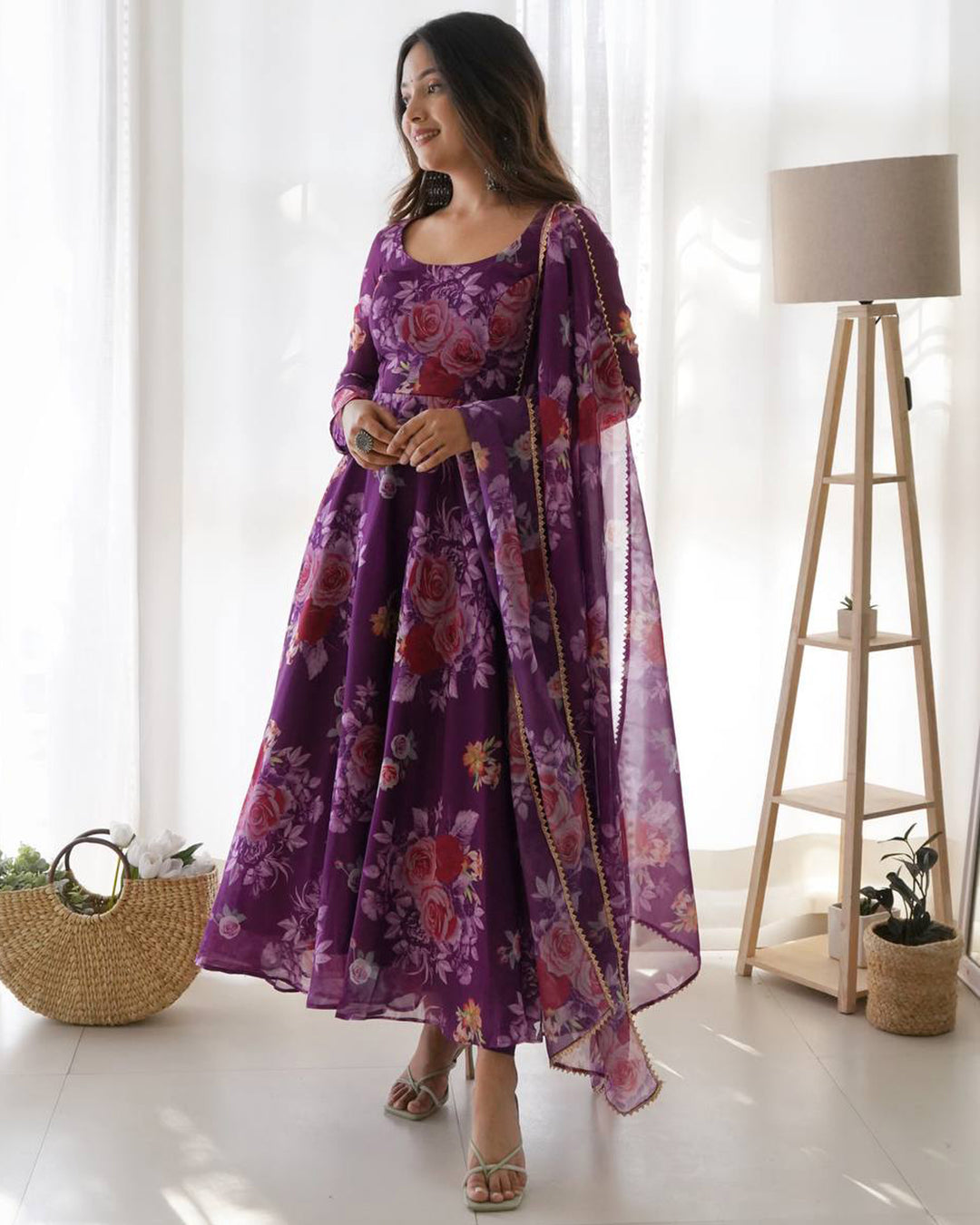 Purple Color 3D Printed Soft Chiffon Anarkali Three Piece Suit